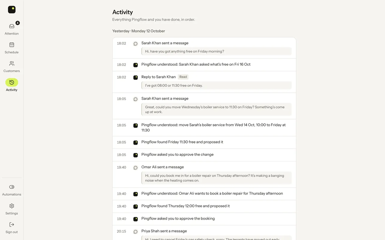 Pingflow activity feed: a customer asks on WhatsApp what’s free on Friday morning and gets a reply, then asks to move Wednesday’s boiler service; Pingflow finds Friday 11:30 free and proposes it.