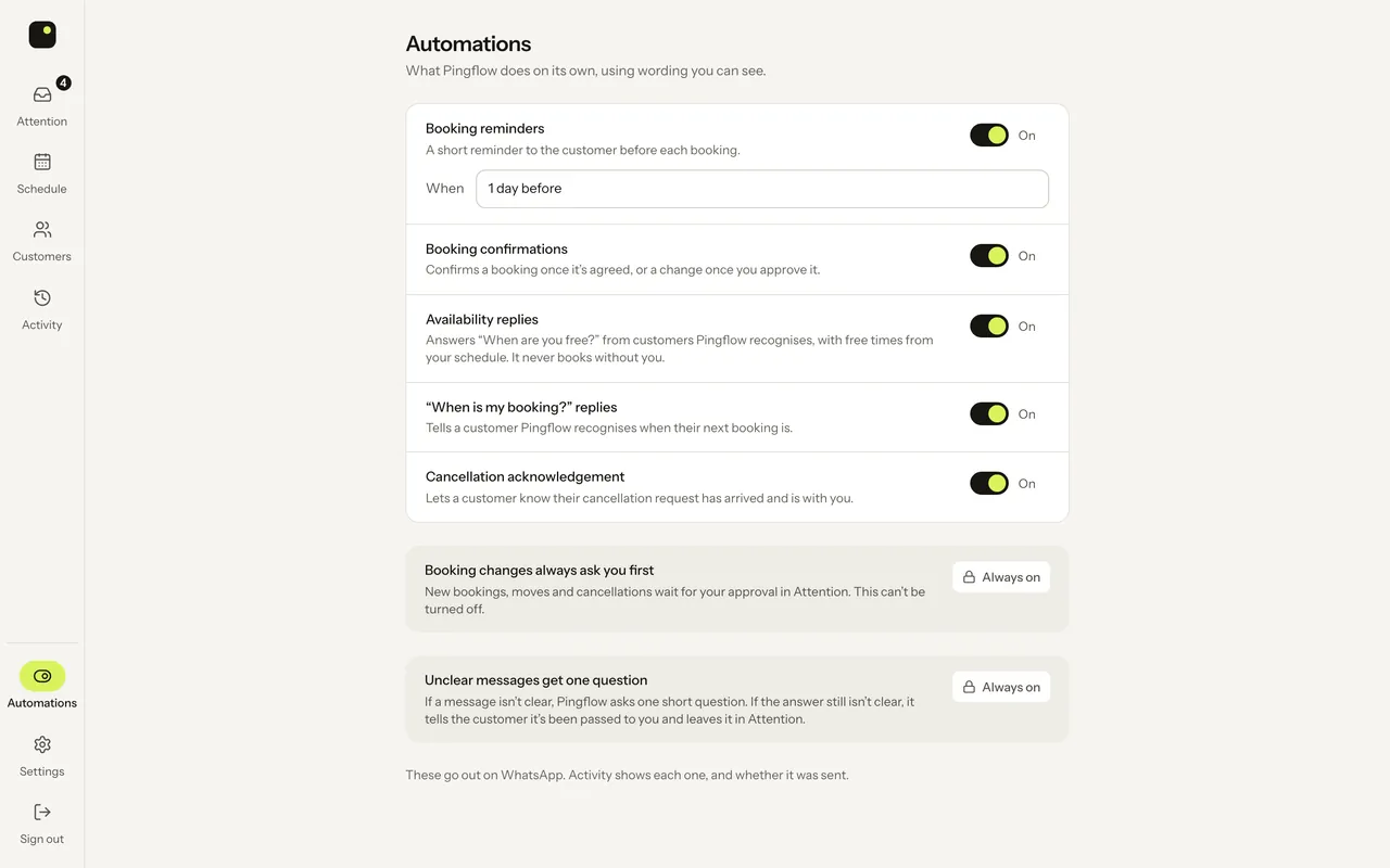 Pingflow automations: booking reminders a day before, booking confirmations, availability replies, “When is my booking?” replies and cancellation acknowledgements, each switched on.